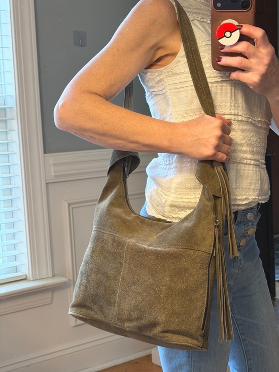 None Handbags - Vintage Boho Western Suede Leather Fringe Shoulder Bag Olive Green